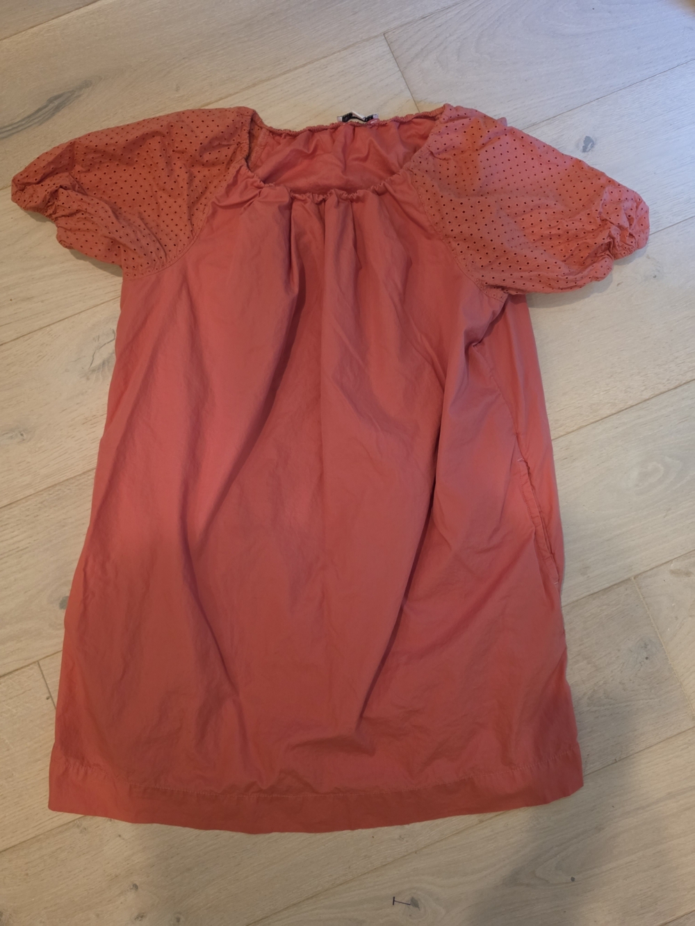 Coral Mini Dress with Eyelet Puff Sleeves